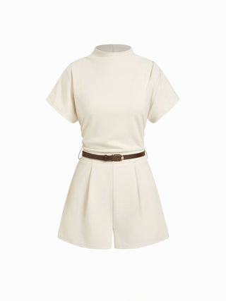 Stand Collar Romper With Belt