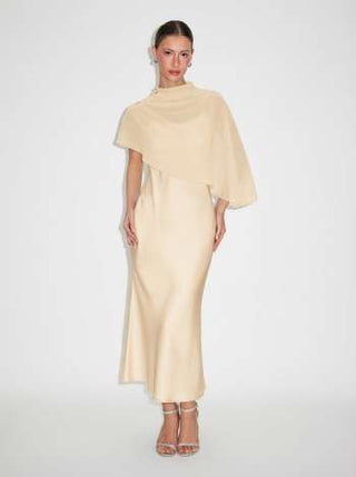 Satin High Neck Cape Sleeve Maxi Dress
