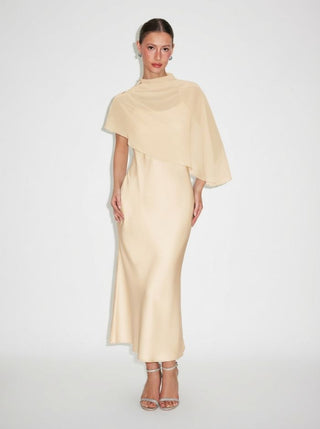 Satin High Neck Cape Sleeve Maxi Dress