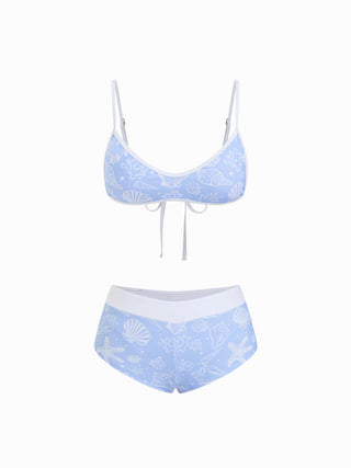Scoop Neckline Shell & Starfish Graphic Contrast Binding Bracelet Bikini Set With Cover Up Shorts