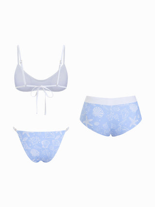 Scoop Neckline Shell & Starfish Graphic Contrast Binding Bracelet Bikini Set With Cover Up Shorts