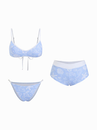 Scoop Neckline Shell & Starfish Graphic Contrast Binding Bracelet Bikini Set With Cover Up Shorts