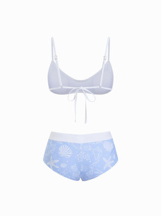 Scoop Neckline Shell & Starfish Graphic Contrast Binding Bracelet Bikini Set With Cover Up Shorts