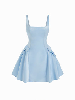 Satin Sculptural Square Neck Bowknot Flared Mini Dress