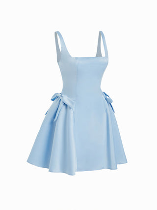 Satin Sculptural Square Neck Bowknot Flared Mini Dress