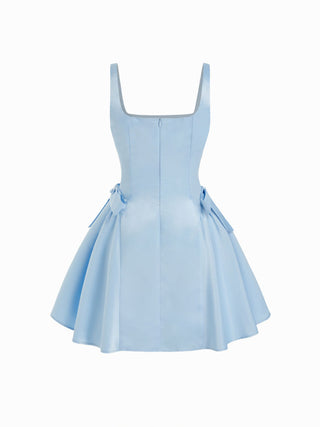 Satin Sculptural Square Neck Bowknot Flared Mini Dress