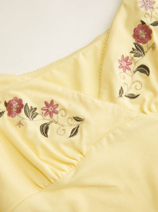 Cotton-blend V-Neck Floral Embroidery Ruched Puff Sleeve Top