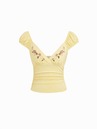 Cotton-blend V-Neck Floral Embroidery Ruched Puff Sleeve Top