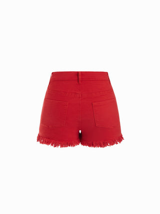 Washed Denim High Rise Fringe Hem Shorts
