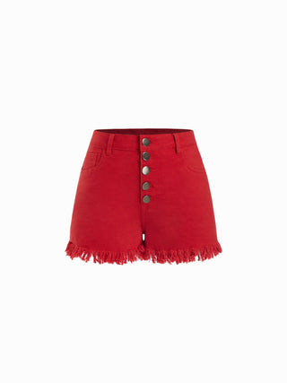 Washed Denim High Rise Fringe Hem Shorts