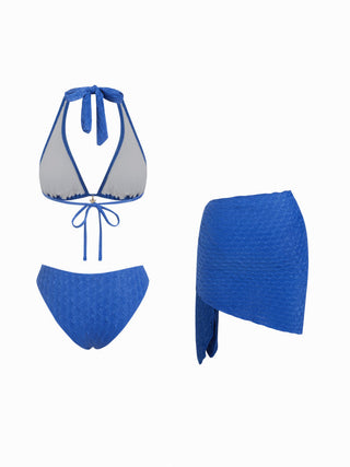 3 Piece Halter Neckline Lace Triangle Bikini Top & Cheeky Bottom With Sarong Bikini Set