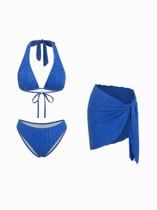 3 Piece Halter Neckline Lace Triangle Bikini Top & Cheeky Bottom With Sarong Bikini Set