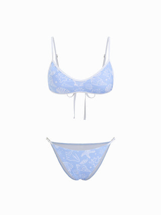 Scoop Neckline Shell & Starfish Graphic Contrast Binding Bracelet Bikini Set With Cover Up Shorts