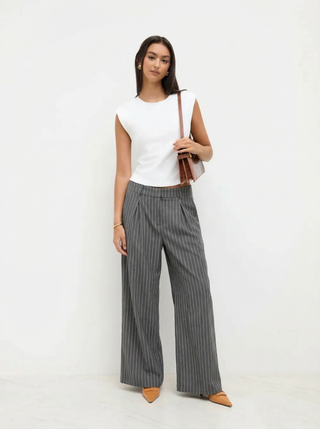 Mid Rise Stripe Pleated Wide Leg Trousers
