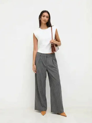 Mid Rise Stripe Pleated Wide Leg Trousers