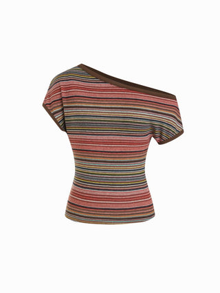 Striped Asymmetrical Neck Short Sleeve Top