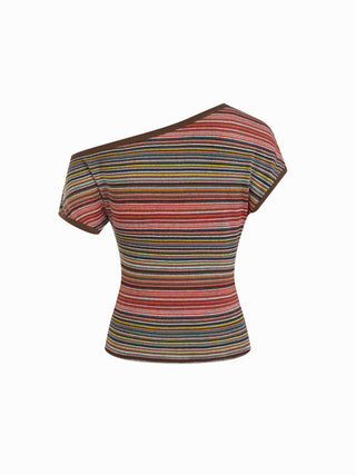 Striped Asymmetrical Neck Short Sleeve Top
