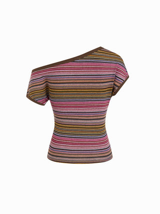 Striped Asymmetrical Neck Short Sleeve Top