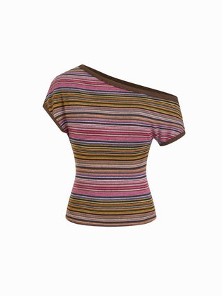 Striped Asymmetrical Neck Short Sleeve Top