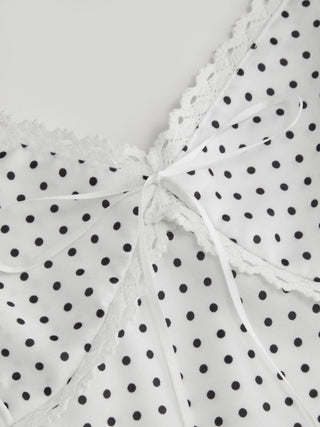Sweetheart Neckline Polka Dot Lace Trim Knotted Cami Top