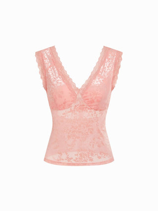 Knit Fabric Flocked Floral Lace Panel V-neck Sleeveless Top For Date