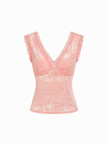Knit Fabric Flocked Floral Lace Panel V-neck Sleeveless Top For Date