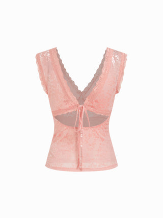 Knit Fabric Flocked Floral Lace Panel V-neck Sleeveless Top For Date