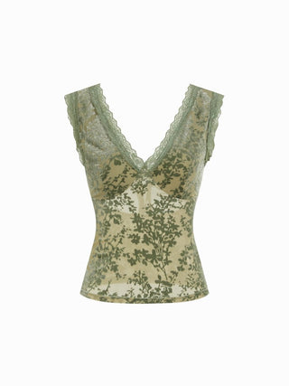 Knit Fabric Flocked Floral Lace Panel V-neck Sleeveless Top For Date