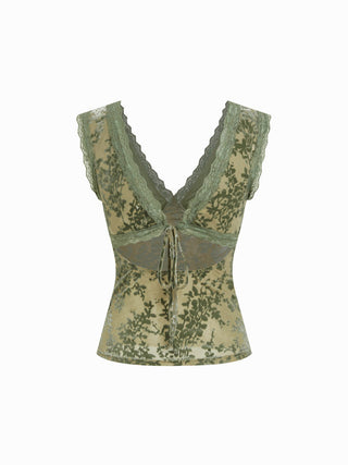 Knit Fabric Flocked Floral Lace Panel V-neck Sleeveless Top For Date
