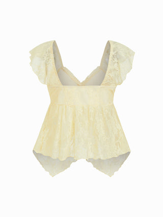 Lace Sweetheart Neck Ruffle Sleeve Bowknot Asymmetrical Hem Top