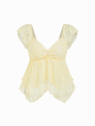 Lace Sweetheart Neck Ruffle Sleeve Bowknot Asymmetrical Hem Top
