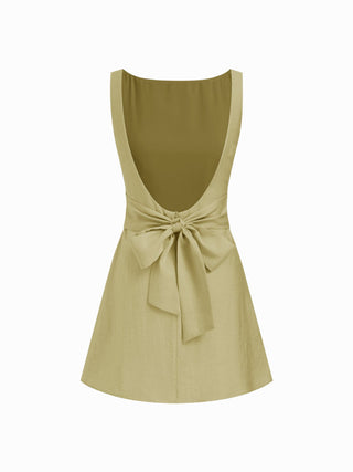 Linen-blend Boat Neck Solid Knotted Backless Mini Dress