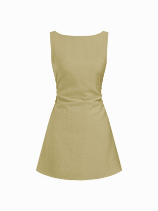 Linen-blend Boat Neck Solid Knotted Backless Mini Dress
