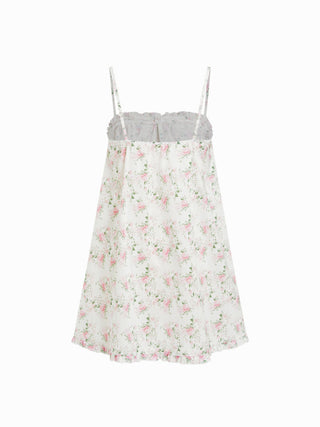 Cotton Floral Square Neck Bowknot Lace Trim Ruffle Hem Mini Nightdress