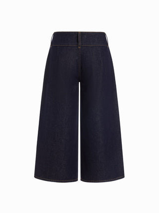 Washed Denim Low Rise Metal Detail Wide Leg Capri Jeans