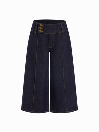 Washed Denim Low Rise Metal Detail Wide Leg Capri Jeans