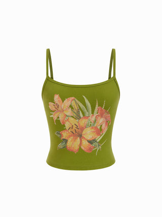 Cotton-blend Floral Rhinestone Cami Top