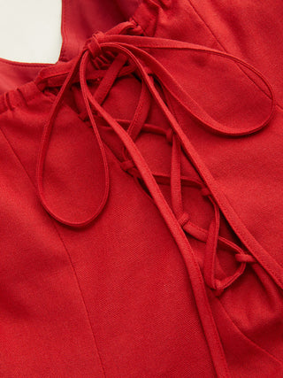 corset Linen-blend Linen-blend Sculptural High Rise V-neck Halter Neckline Flared Maxi Dress For Date