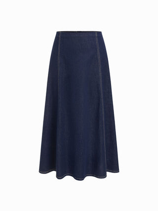 Stretch Denim High Rise Washed Pleated A-line Flare Midi Skirt