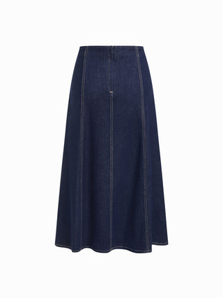 Stretch Denim High Rise Washed Pleated A-line Flare Midi Skirt