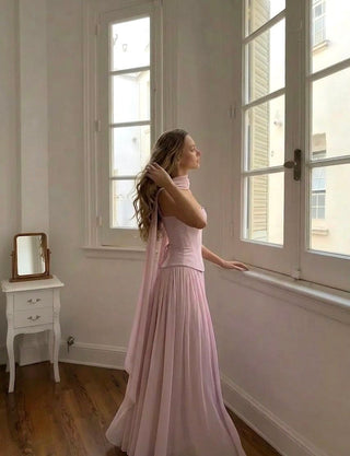 Chiffon Sculptural Halter Neckline Lace Up Maxi Bobycon Dress With Scarf