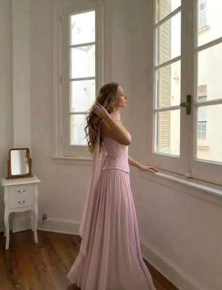 Chiffon Sculptural Halter Neckline Lace Up Maxi Bobycon Dress With Scarf