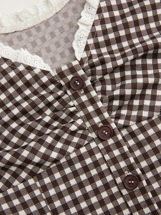 Jacquard Jacquard Gingham Sweetheart Raglan Sleeve Ruched Top For Daily Casual Date