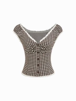 Jacquard Jacquard Gingham Sweetheart Raglan Sleeve Ruched Top For Daily Casual Date