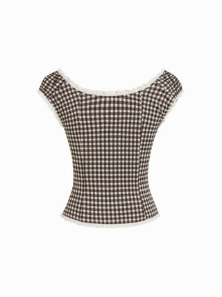 Jacquard Jacquard Gingham Sweetheart Raglan Sleeve Ruched Top For Daily Casual Date