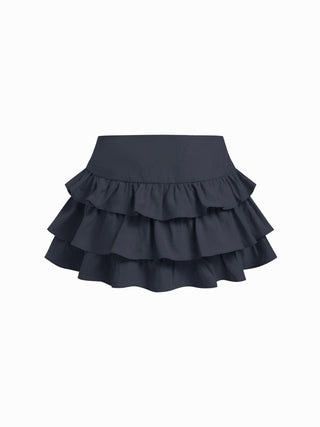 Low Rise Ruffled Metal Detail Layered Mini Skort
