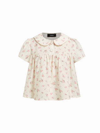 Woven Floral Peter Pan Collar Short Sleeve Blouse For Daily Casual