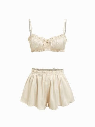 Satin Sweetheart Ruched Bralette & High Rise Wide Leg Shorts Loungewear Set
