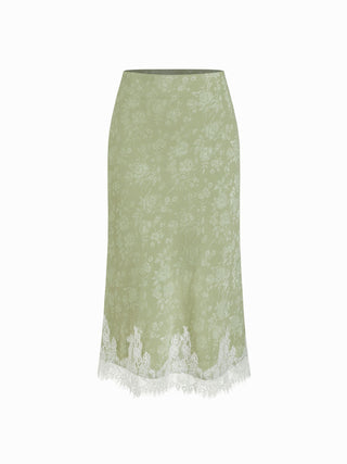 Jacquard Mid Rise Floral Lace Trim Mermaid Midi Skirt