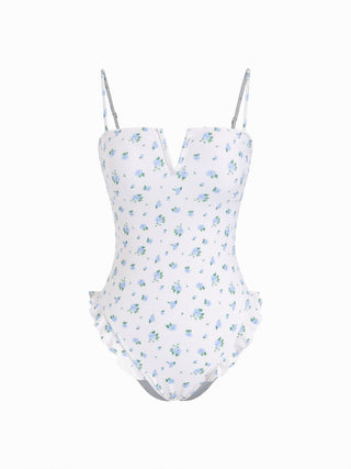 Knit Fabric Floral Square Neck Ruffle Hem One-piece Swimsuit For Swimming Pool Beach
